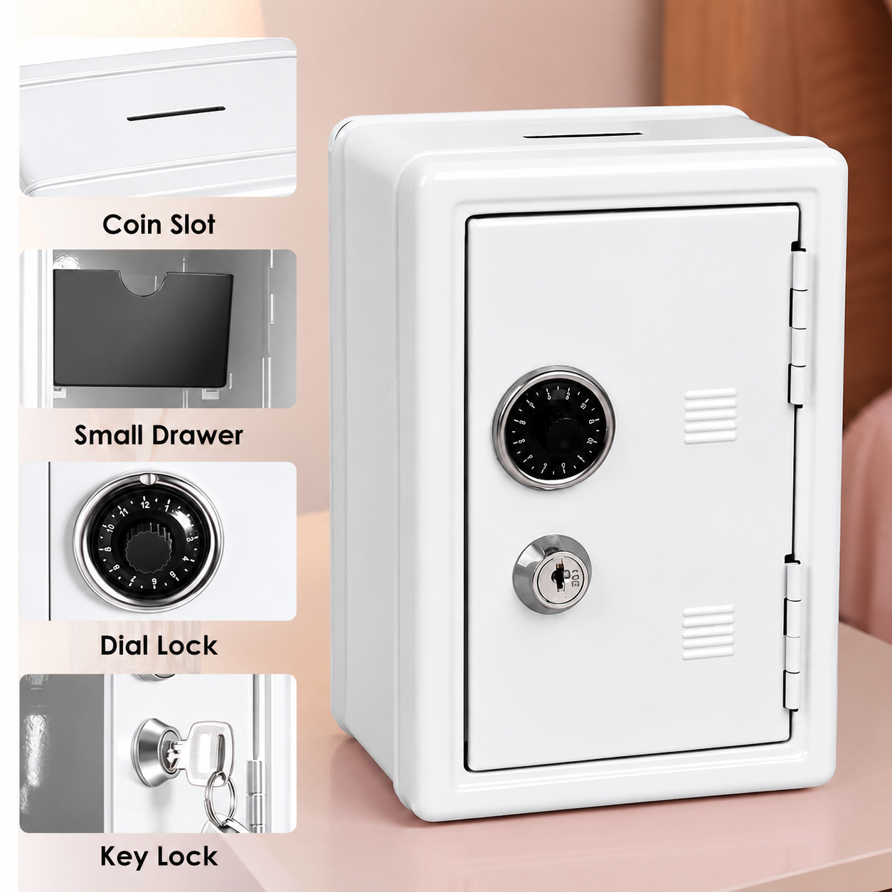 Lockable Metal Money Box, Cash & Coin Storage Box with Key Lock, Compact Piggy Bank for Kids & Adults, Office & Small Valuables-White