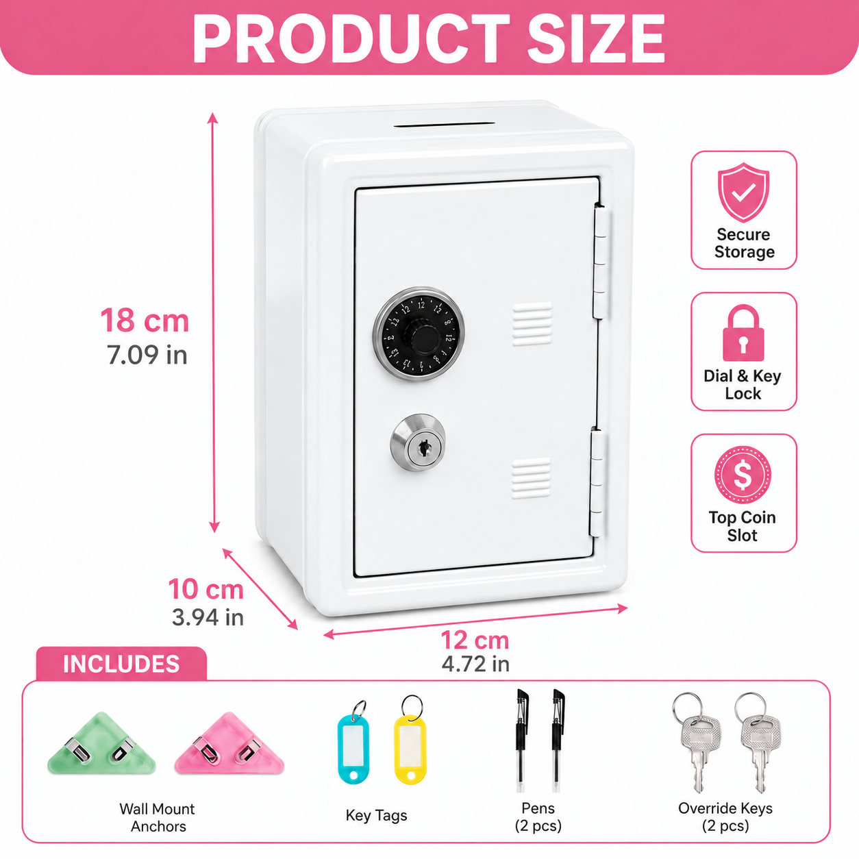 Lockable Metal Money Box, Cash & Coin Storage Box with Key Lock, Compact Piggy Bank for Kids & Adults, Office & Small Valuables-White