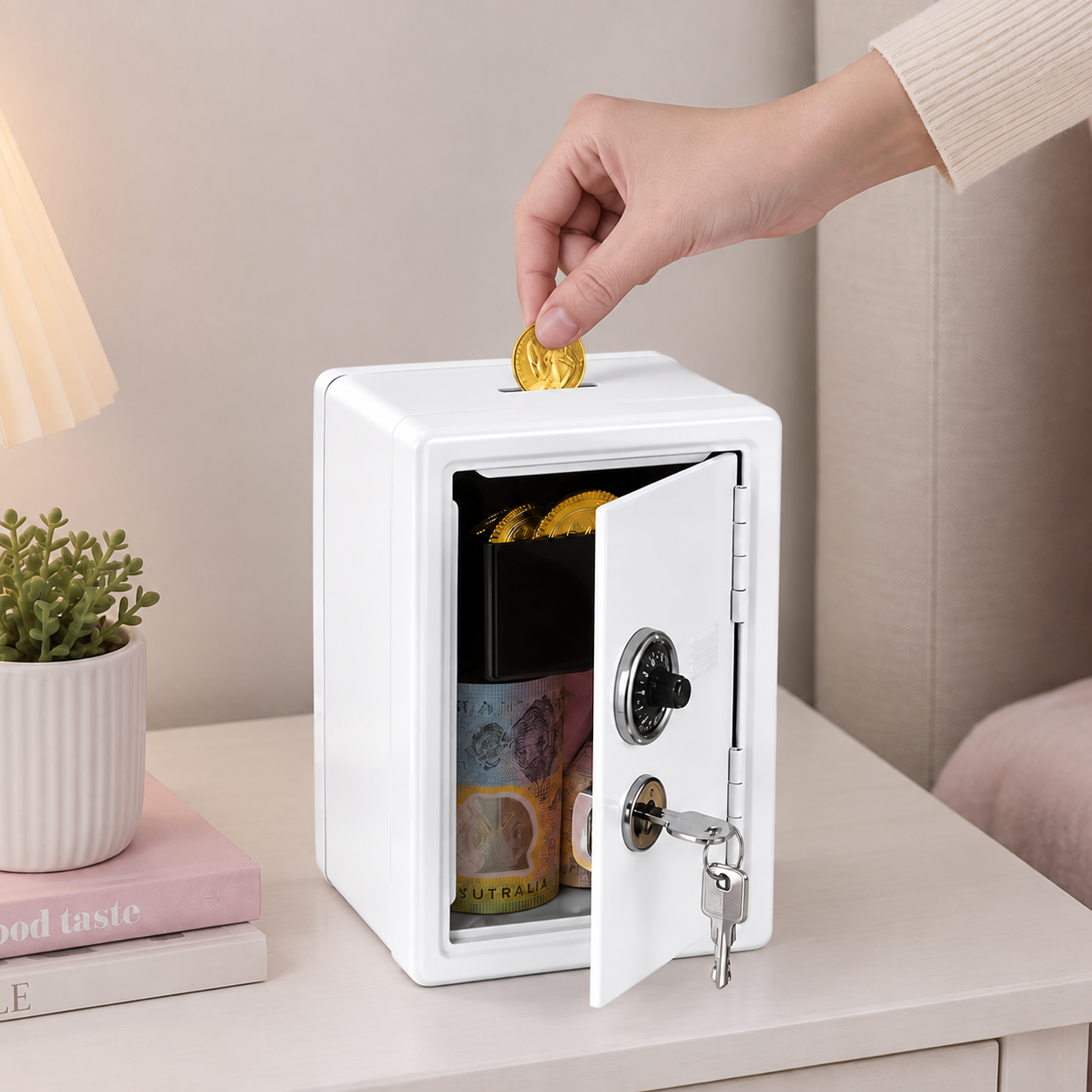 Lockable Metal Money Box, Cash & Coin Storage Box with Key Lock, Compact Piggy Bank for Kids & Adults, Office & Small Valuables-White