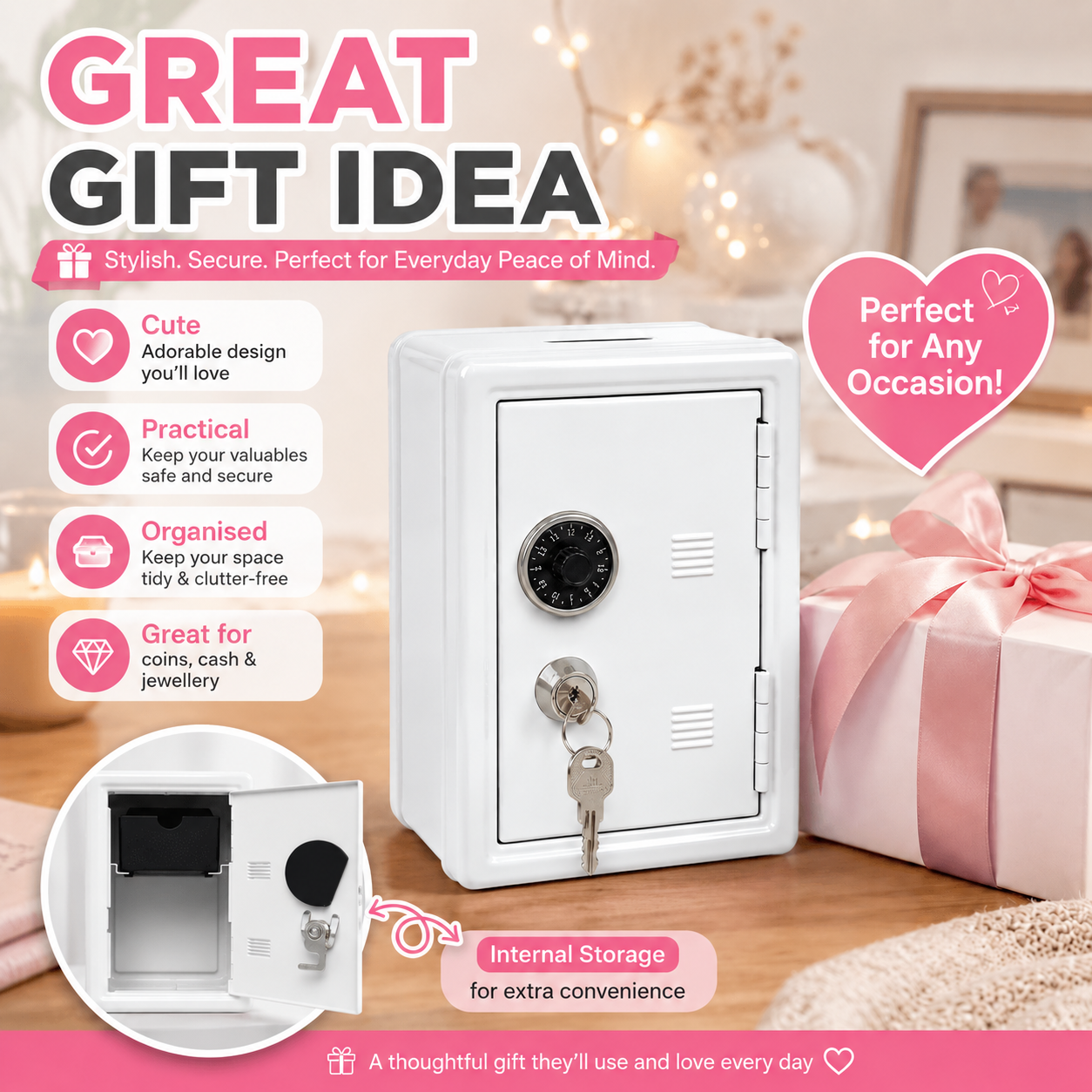 Lockable Metal Money Box, Cash & Coin Storage Box with Key Lock, Compact Piggy Bank for Kids & Adults, Office & Small Valuables-White