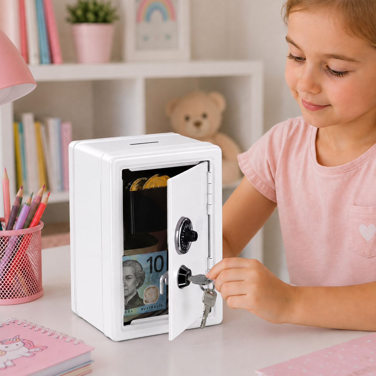 Lockable Metal Money Box, Cash & Coin Storage Box with Key Lock, Compact Piggy Bank for Kids & Adults, Office & Small Valuables-White