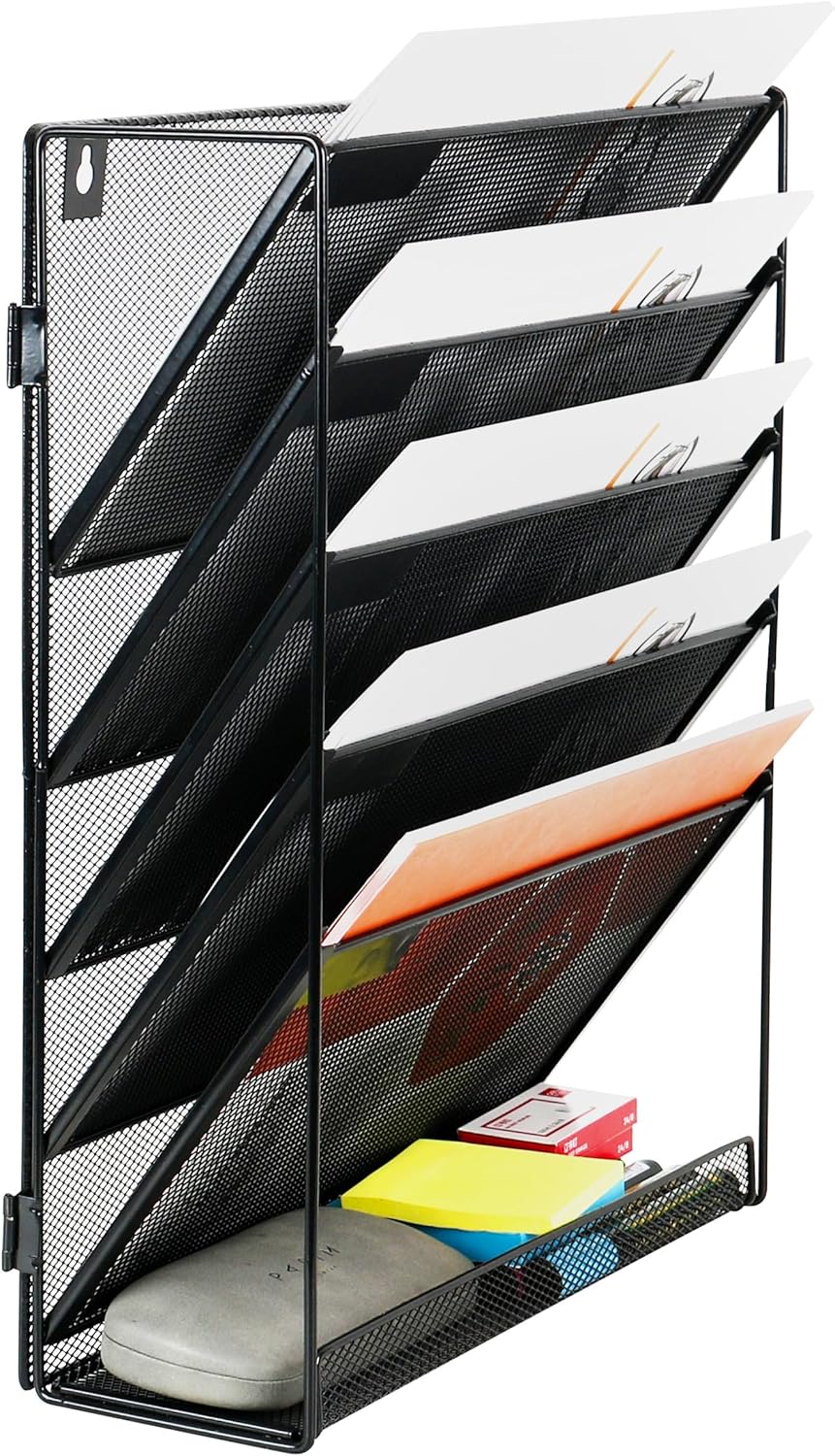 6 Tier Desktop File Organiser, Wall Mount Magazine Rack, Mesh Desk Organizer, Vertical Hanging Document Tray for Stationery, Mail, Paper and Letter Envelope, Book Holder