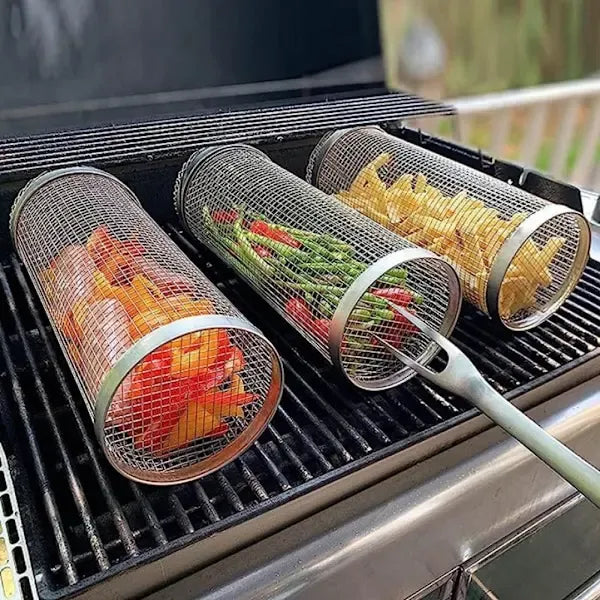 4 Pack 304 Stainless Steel Rotisserie Grill Baskets with Stand, Cylindrical Mesh Tubes for Outdoor BBQ, Silver, 30 cm