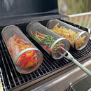 4 Pack 304 Stainless Steel Rotisserie Grill Baskets with Stand, Cylindrical Mesh Tubes for Outdoor BBQ, Silver, 30 cm