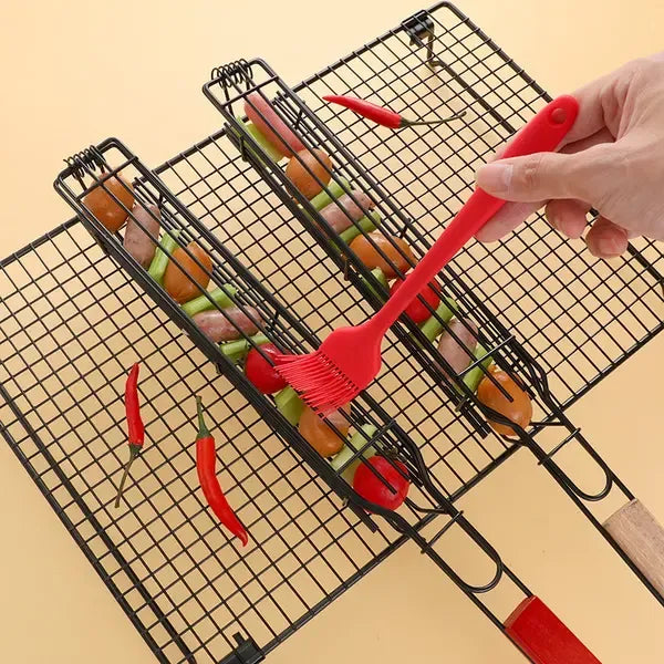 2 Pack Non-Stick Steel BBQ Grill Baskets with Locking Food Cage and Wooden Handles for Camping and Charcoal Grilling, 49 cm