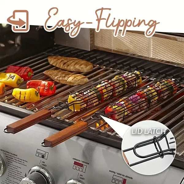 2 Pack Non-Stick Steel BBQ Grill Baskets with Locking Food Cage and Wooden Handles for Camping and Charcoal Grilling, 49 cm