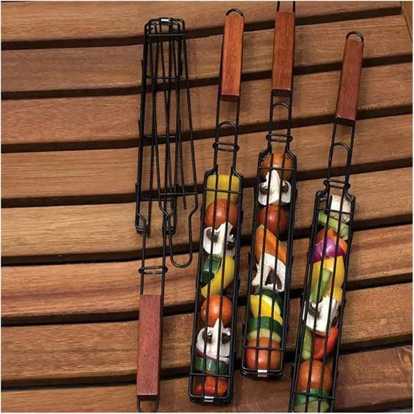 2 Pack Non-Stick Steel BBQ Grill Baskets with Locking Food Cage and Wooden Handles for Camping and Charcoal Grilling, 49 cm