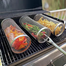 4 Pack Stainless Steel Rotisserie Grill Baskets with Stand, Cylindrical Mesh Tubes for Vegetables and Outdoor BBQ, Small, Silver