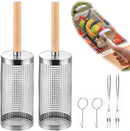 304 Stainless Steel Rolling Grill Basket Set with Removable Handle for Vegetables, Shrimp and Outdoor BBQ, Nesting Design, Silver