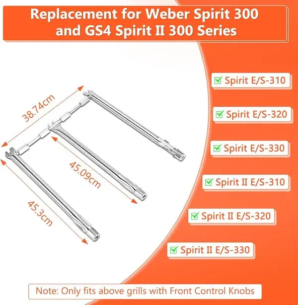 Grill Burner Replacement Set for Weber Spirit 300 Series, 304 Stainless Steel, Front Control Models, Silver