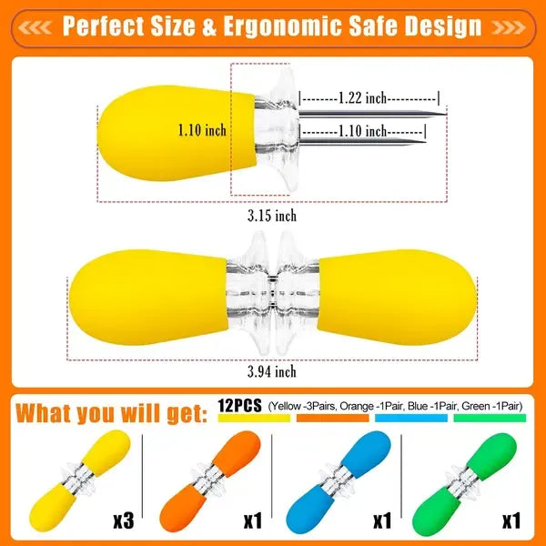 12 Pack Corn Cob Holders, Stainless Steel Twin Prong Skewers With Interlocking Silicone Handles for BBQ Home Outdoor, Multicolor