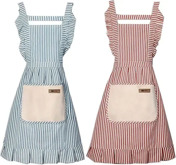 2 Pack Adjustable Cotton Linen Kitchen Aprons with Front Pockets for Cooking, Baking, BBQ, Restaurants and Gardening, Striped