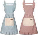 2 Pack Adjustable Cotton Linen Kitchen Aprons with Front Pockets for Cooking, Baking, BBQ, Restaurants and Gardening, Striped