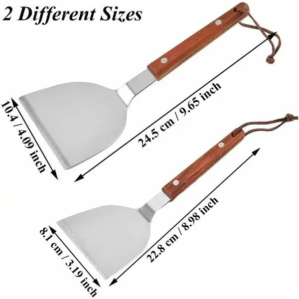 2 Pack BBQ Spatula Set, Stainless Steel Teppanyaki Grill Spatulas with Wooden Handles for Grilling and Griddle Cooking