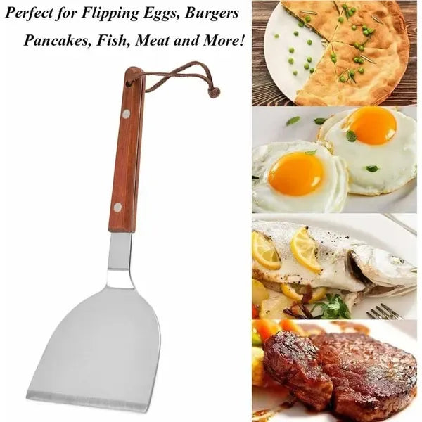 2 Pack BBQ Spatula Set, Stainless Steel Teppanyaki Grill Spatulas with Wooden Handles for Grilling and Griddle Cooking