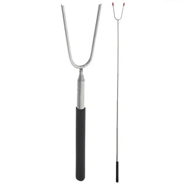 Telescopic Campfire Roasting Fork, Double Prongs, Stainless Steel, Rotating Handle, for Camping, Picnics and Outdoor Cooking, Black