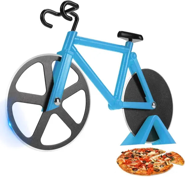Bicycle Pizza Cutter Stainless Steel Double Wheel with Stand Cyclists Kitchen Pizza Party, for Home Cooking, Blue