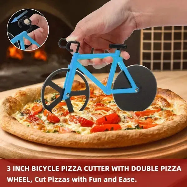 Bicycle Pizza Cutter Stainless Steel Double Wheel with Stand Cyclists Kitchen Pizza Party, for Home Cooking, Blue