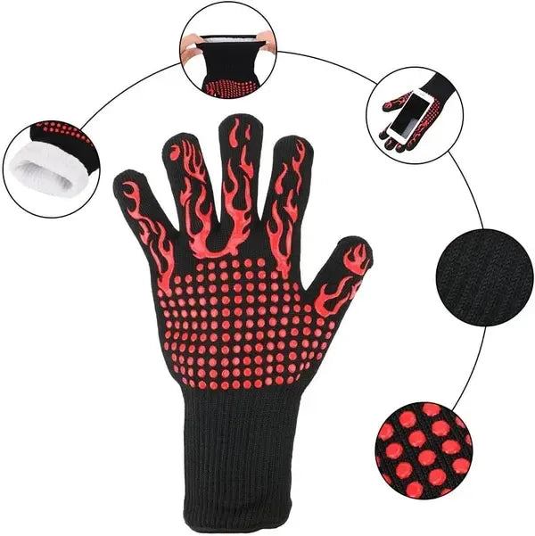 Heat Resistant Five Finger Grill Gloves with Cotton Lining and Non-Slip Grip for BBQ, Ovens and Outdoor Cooking, Black and Red