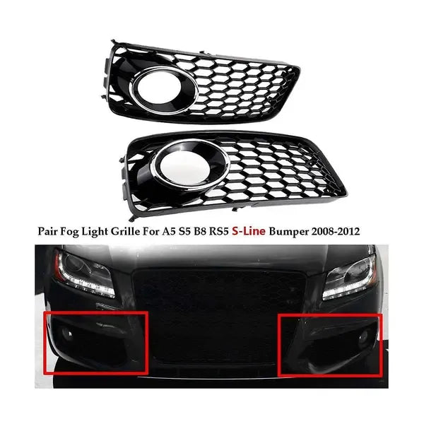 1 Pair Front Bumper Fog Light Grilles, ABS Direct Fit Replacements for Audi A5, S5 B8 and RS5 2008-2012, Silver Plated