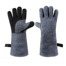Heat Resistant Leather BBQ Gloves with Insulated Lining for Grilling, Ovens, Fireplaces and Welding, Easy Wear Design, Grey, 40 cm