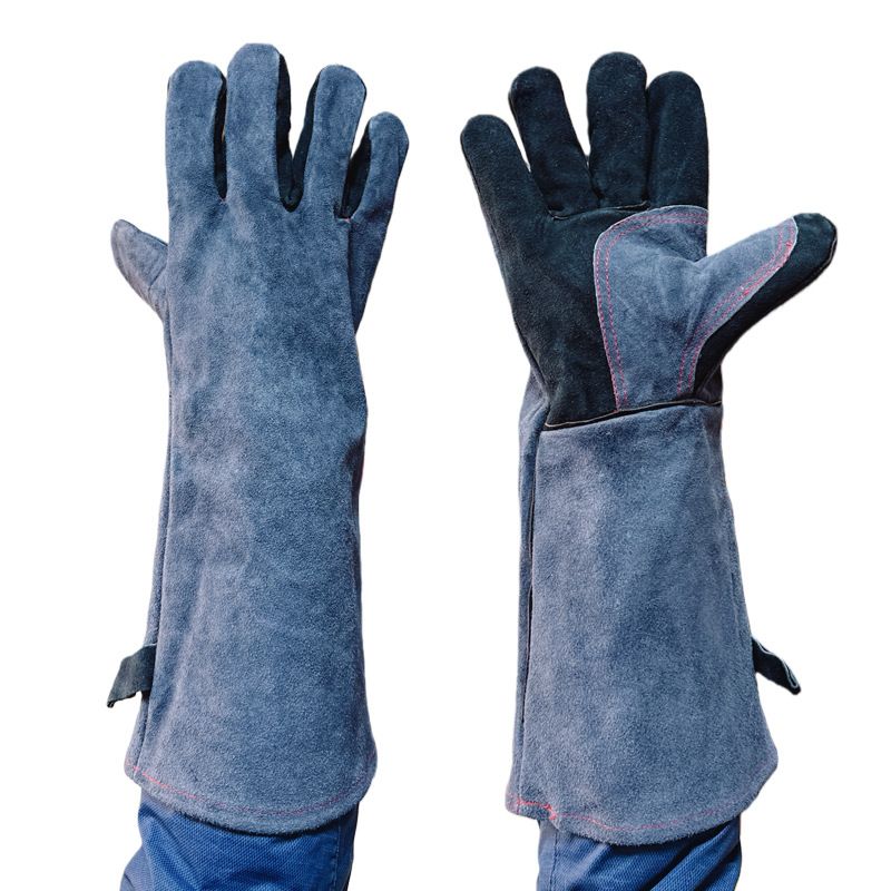 Heat Resistant Leather BBQ Gloves with Insulated Lining for Grilling, Ovens, Fireplaces and Welding, Easy Wear Design, Grey, 40 cm