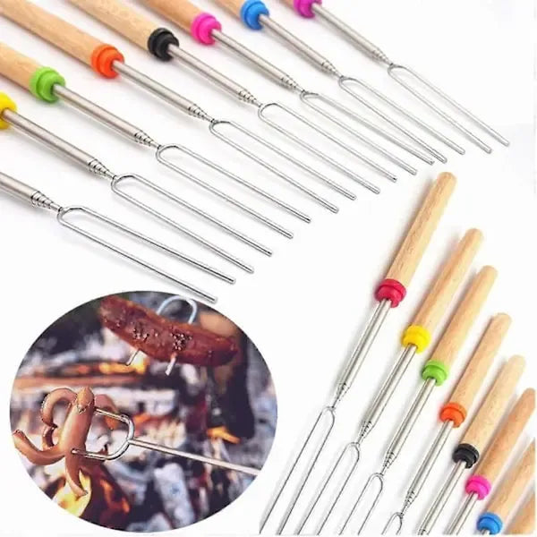 8 Pack Telescopic Marshmallow Roasting Sticks with Stainless Steel Forks, Wooden Handles and Carry Bag for Camping and Fire Pits