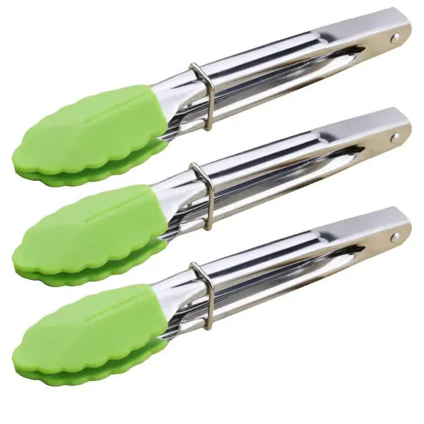3 Piece Mini Silicone Cooking Tongs Set with Stainless Steel Handles for BBQ, Salads, Grilling, Frying and Serving, Green, 18 cm