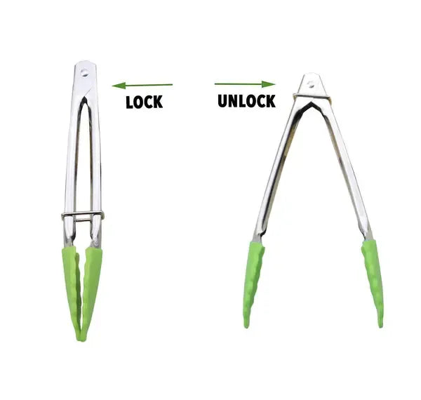3 Piece Mini Silicone Cooking Tongs Set with Stainless Steel Handles for BBQ, Salads, Grilling, Frying and Serving, Green, 18 cm