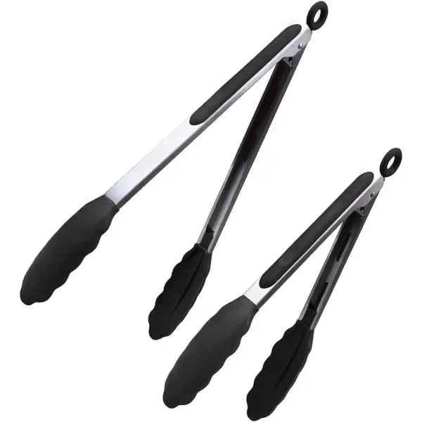 Stainless Steel Kitchen Tongs with Silicone Tips, Locking Non-Stick Cooking Tongs for BBQ, Salads, Grilling and Serving, 23 cm and 30 cm
