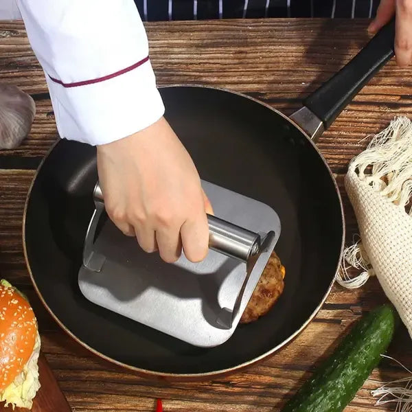 Stainless Steel Burger Press with Flat Base and Handle for Smash Burgers, Grills, Stovetops, Home Kitchens and Restaurants, Silver