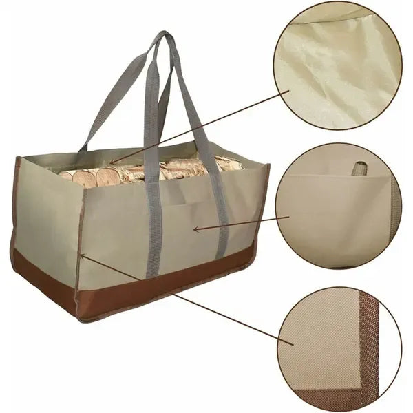Large 600D Oxford Firewood Carrier Bag with Handles for Fireplace Log Storage, Camping and Household Use, Khaki, 64 x 30 x 33 cm