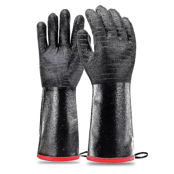Waterproof Neoprene BBQ Grill Gloves with Long Sleeves and Non-Slip Grip for Baking, Smokers, Ovens and Fryers, Black