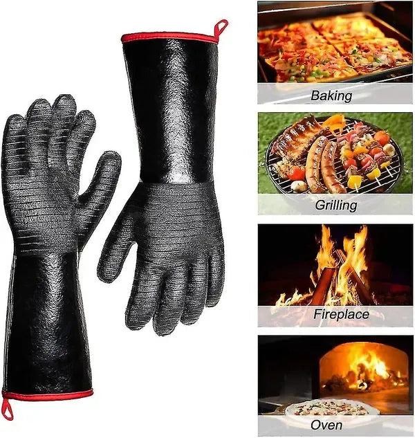 Waterproof Neoprene BBQ Grill Gloves with Long Sleeves and Non-Slip Grip for Baking, Smokers, Ovens and Fryers, Black