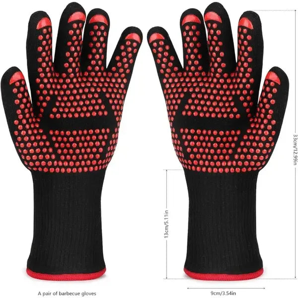Heat Resistant Aramid Grill Gloves with Silicone Non-Slip Grip for BBQ, Ovens, Cooking and Fireplaces, Black and Red