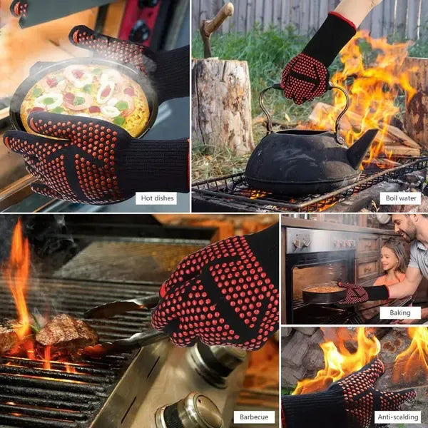 Heat Resistant Aramid Grill Gloves with Silicone Non-Slip Grip for BBQ, Ovens, Cooking and Fireplaces, Black and Red