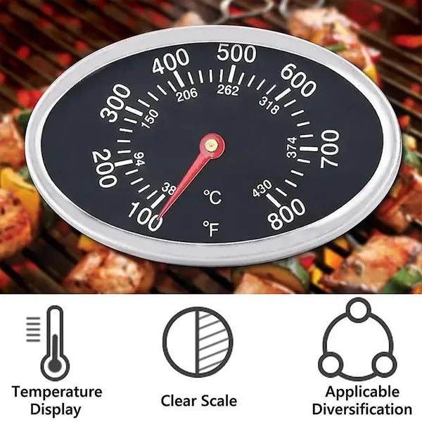 Stainless Steel BBQ Grill Lid Thermometer Replacement with Heat Indicator for Grill and Oven Lids, Black, 8 x 5 cm