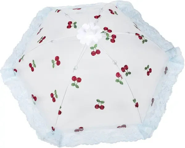 Collapsible Mesh Food Cover Tent with Cherry Pattern for Outdoor BBQ, Picnics, Kitchen Tables, Cakes and Dish Protection, White