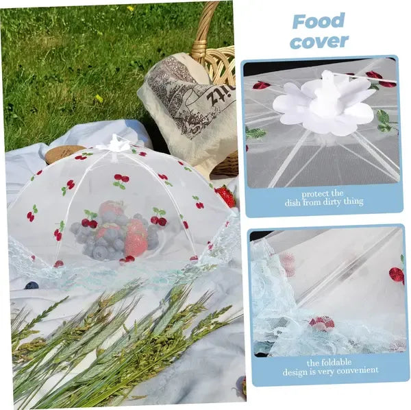 Collapsible Mesh Food Cover Tent with Cherry Pattern for Outdoor BBQ, Picnics, Kitchen Tables, Cakes and Dish Protection, White
