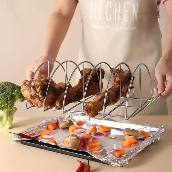 Stainless Steel BBQ Rib Rack, Non-Stick Holder for up to 5 Racks of Ribs, Outdoor Grilling, Camping and Oven Cooking, 38 cm