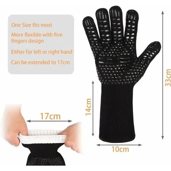 Heat Resistant Aramid BBQ Grill Gloves with Silicone Non-Slip Grip for Ovens, Kitchens and Outdoor Grilling, Black