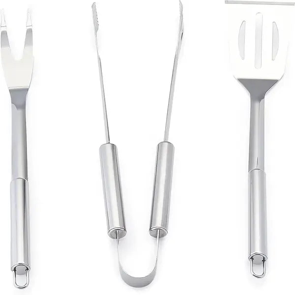 3 Piece Stainless Steel BBQ Grill Tool Set with Spatula, Fork, Tongs and Carrying Bag for Camping and Outdoor Grilling