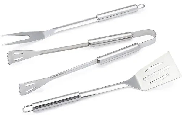 3 Piece Stainless Steel BBQ Grill Tool Set with Spatula, Fork, Tongs and Carrying Bag for Camping and Outdoor Grilling
