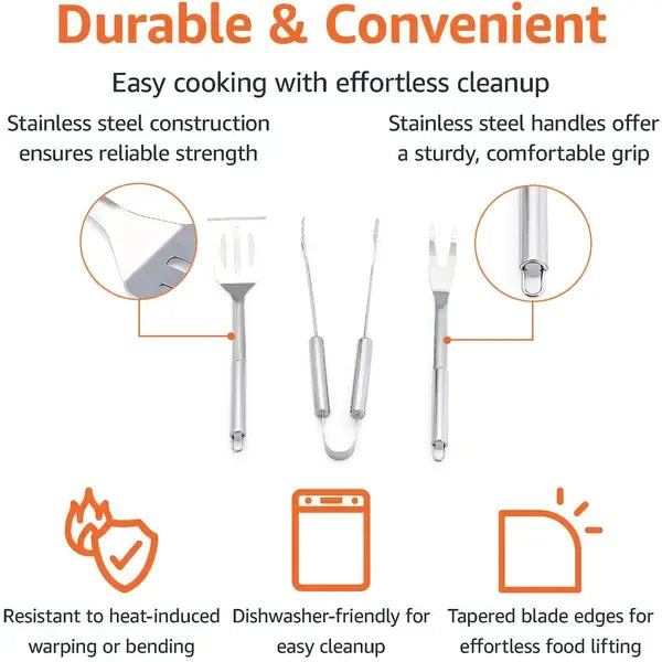 3 Piece Stainless Steel BBQ Grill Tool Set with Spatula, Fork, Tongs and Carrying Bag for Camping and Outdoor Grilling