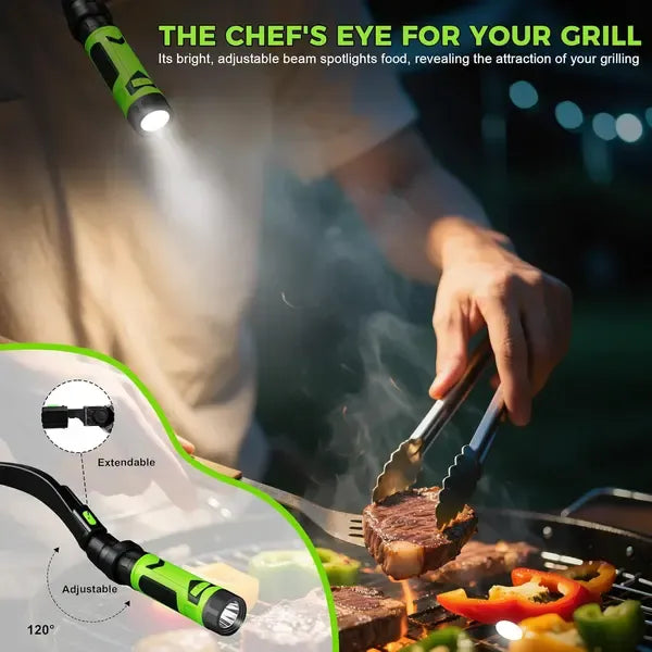 Magnetic LED BBQ Grill Light with Hands-Free Neck Mounted Spotlights for Smoking, Outdoor Cooking and Night Grilling, Black and Green