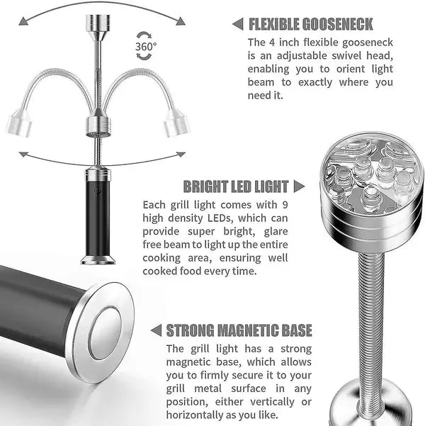 2 Pack Magnetic LED BBQ Grill Lights with 360 Degree Flexible Goosenecks for Camping, Outdoor Cooking and Night Grilling, Silver