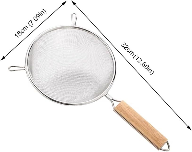 304 Stainless Steel Fine Mesh Kitchen Strainer with Wooden Handle for Sifting Flour, Draining Ingredients and Straining Sauces, 18 x 32 cm