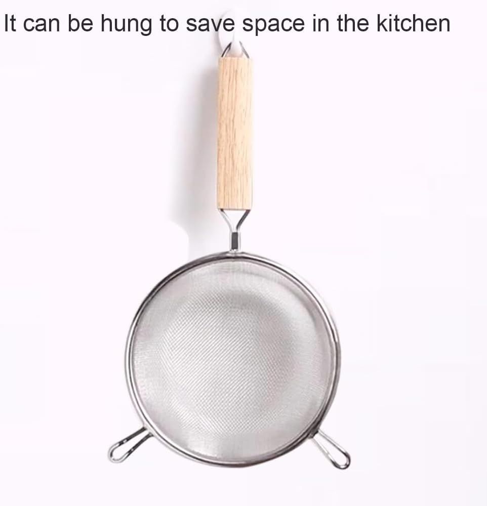 304 Stainless Steel Fine Mesh Kitchen Strainer with Wooden Handle for Sifting Flour, Draining Ingredients and Straining Sauces, 18 x 32 cm