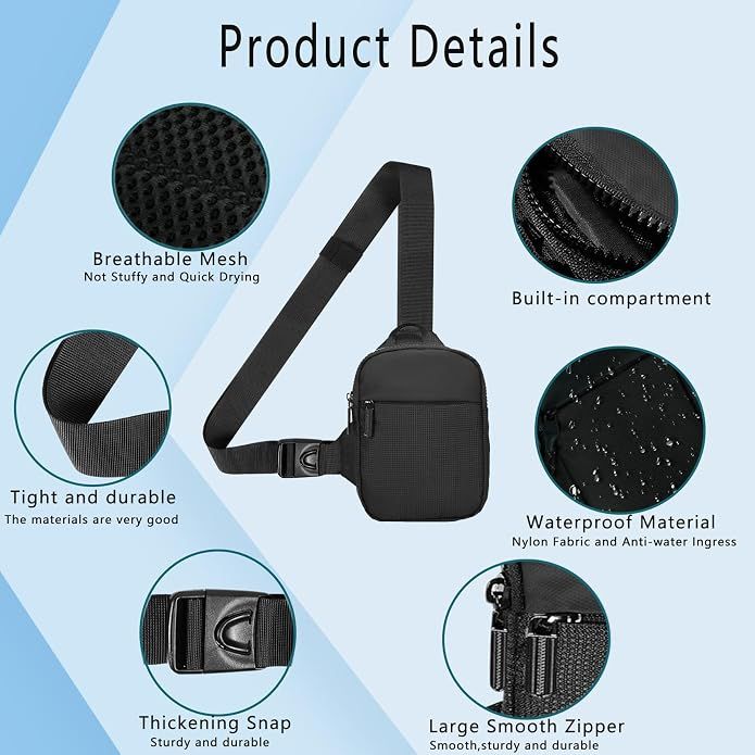 Waterproof Oxford Sling Bag with Adjustable Shoulder Strap and Zipped Pockets for Travel, Hiking, Cycling and Everyday Carry, Black