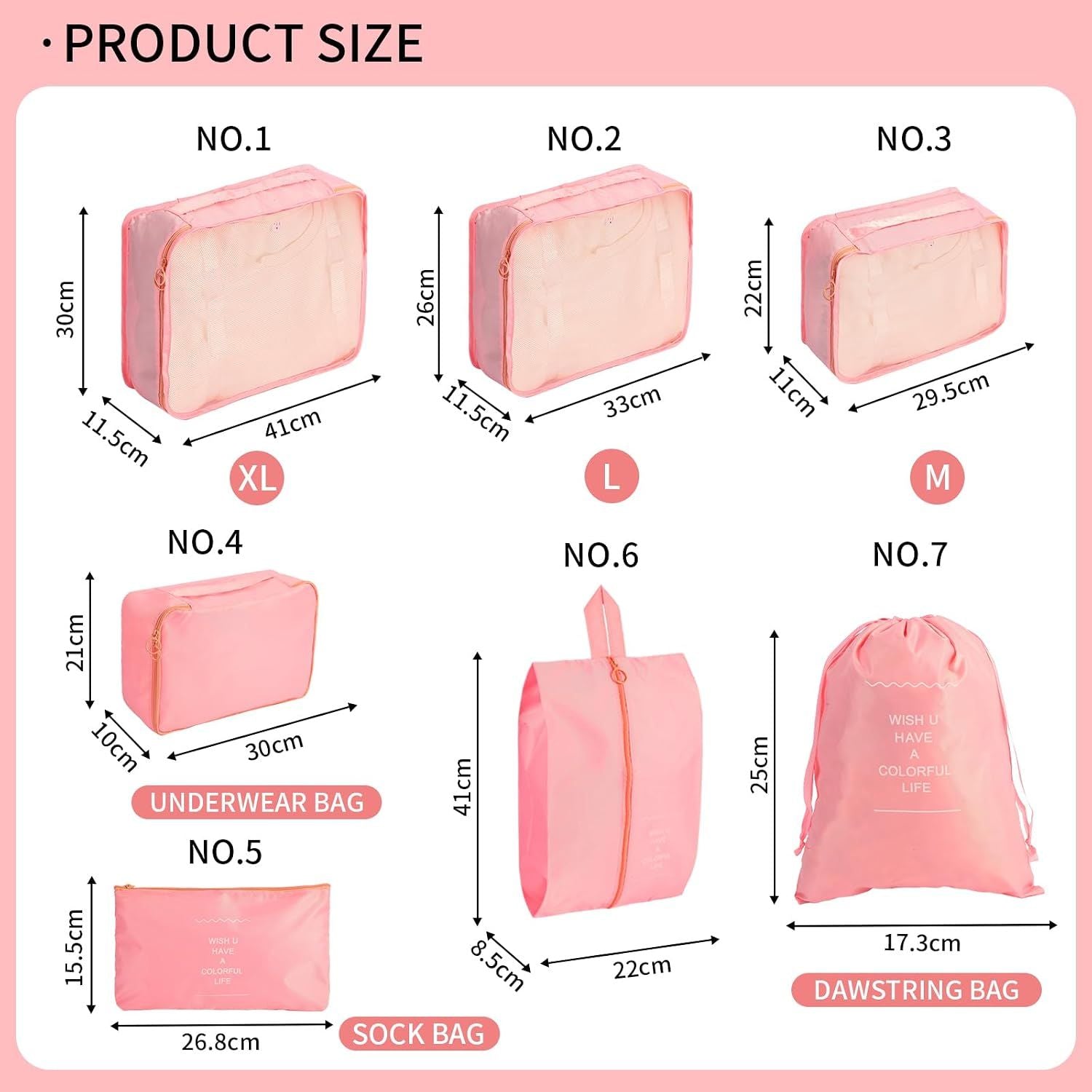 7 Piece Travel Packing Cube Set with Lightweight Waterproof Nylon Organisers for Carry-On Luggage, Holidays and Business Trips, Pink